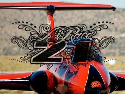 Red racing jet with Air Race 21 decorative graphic overlay