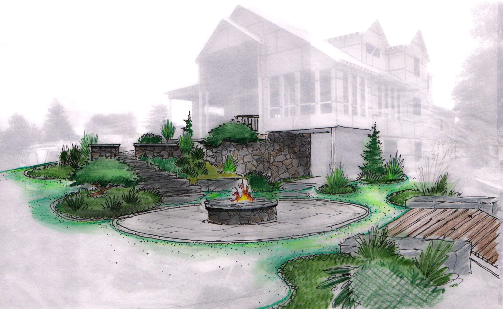 Hand-rendered backyard landscape design with stone fire pit and terraced gardens